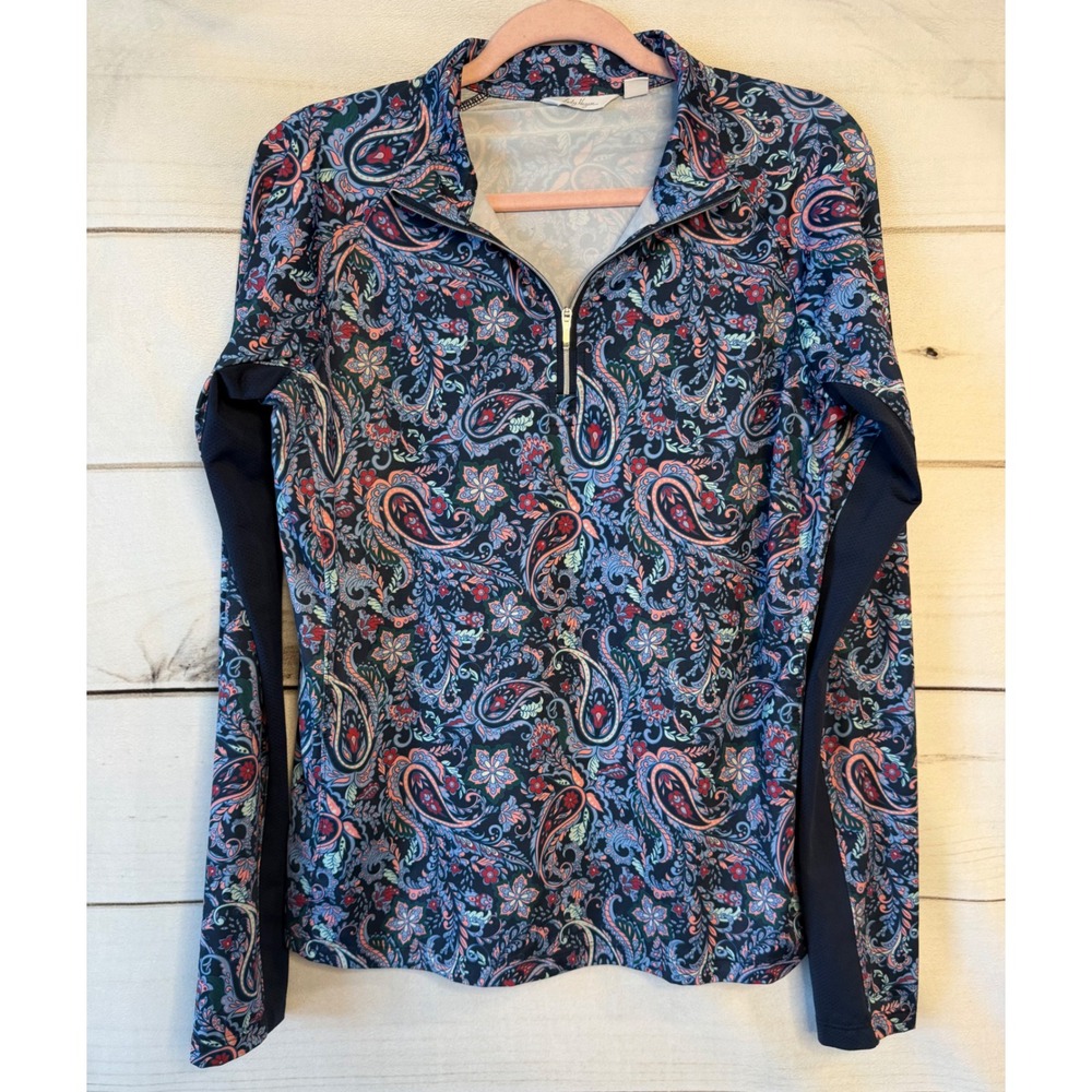 Lady Hagen Womens Paisley Golf Top Navy Blue Floral Quarter Zip Pullover Medium